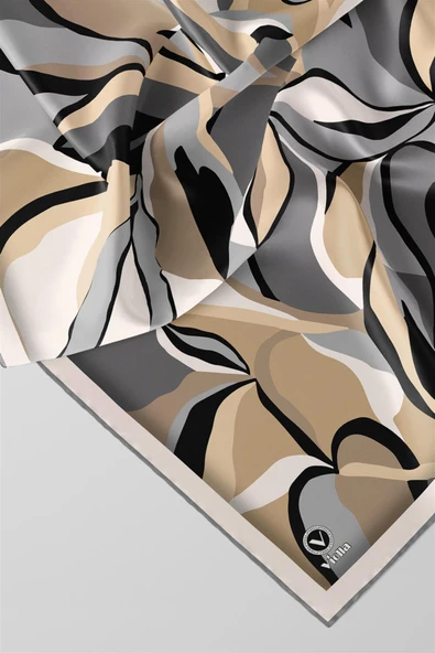 Twilll Büyük Yaprak Desenli Gri - Bej Renkli 90x90 Eşarp (İpek İçermez) Kenar Dikiş Şekli El Dikişli - Resim 2