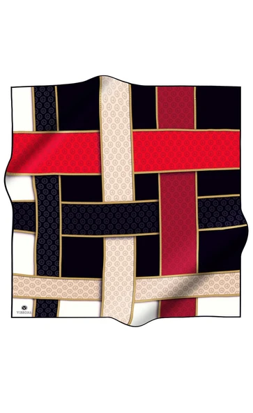 %100 Twill İpek Geometrik Desenli Siyah - Kırmızı Renkli 90x90 Eşarp Dikim Şekli : El Dikişi - Resim 2