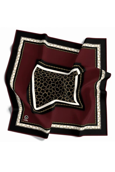 Twill Zincir Desenli Bordo Renkli 90x90 Eşarp (İpek İçermez) Kenar Dikiş Şekli El Dikişli - Resim 2