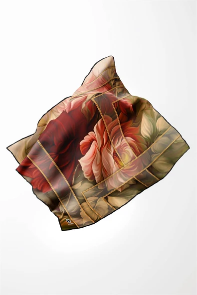 Twill Gül Desenli Bordo - Vizon Renkli 90x90 Eşarp (İpek İçermez) Kenar Dikiş Şekli El Dikişli - Resim 3
