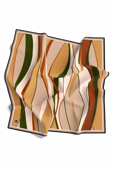 Rayon Modern Dalgalı Çizgi Desenli Hardal - Taba Renkli 90x90 Dikim Şekli : El Dikişi Eşarp (İpek İçermez) - Resim 2