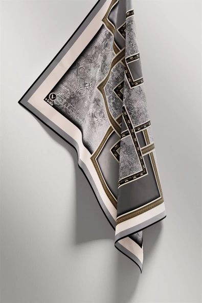 Twill Geometrik Desenli Gri Renkli 90x90 Eşarp (İpek İçermez) Kenar Dikiş Şekli El Dikişli - Resim 5