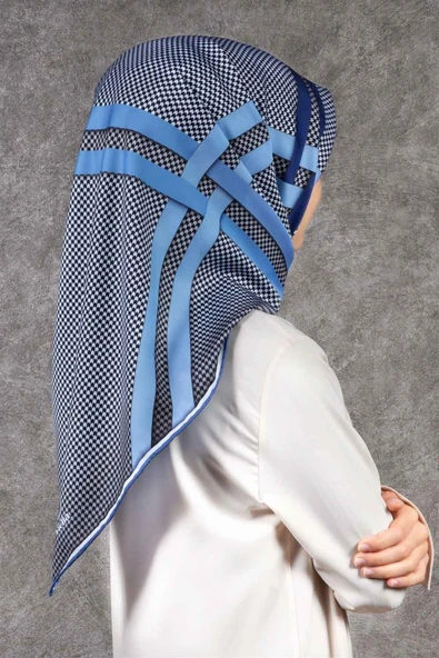 Twill Çizgili Pötikareli Çizgili Desenli İndigo Mavisi - Bebe Mavisi Renkli 90x90 Eşarp (İpek İçermez) ürün görseli
