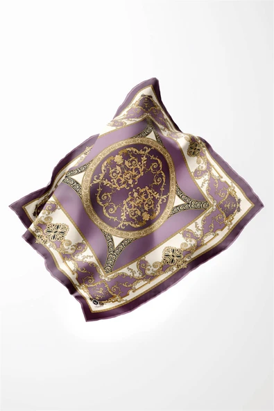 Twill Barok Desenli Lila Renkli 90x90 Eşarp (İpek İçermez) Kenar Dikiş Şekli El Dikişli - Resim 2