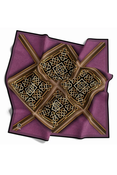 Twill Gold Çerçeveli Barok Desenli Mürdüm Renkli 90x90 Eşarp (İpek İçermez) Kenar Dikiş Şekli El Dikişli - Resim 2