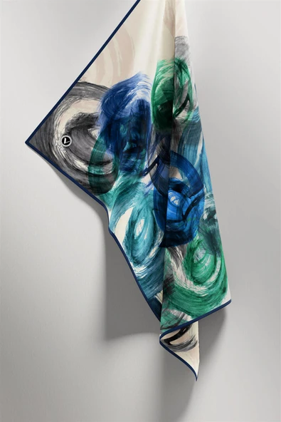 Twill Fırça Efektli Desenli Lacivert Renkli 90x90 Eşarp (İpek İçermez) Kenar Dikiş Şekli El Dikişli - Resim 5