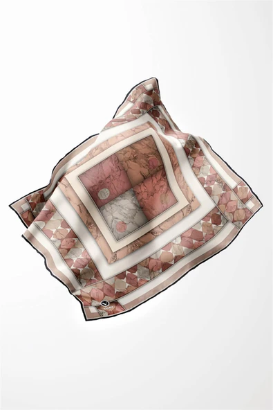 Twill Geometrik Mermer Desenli Somon Renkli 90x90 Eşarp (İpek İçermez) Kenar Dikiş Şekli El Dikişli - Resim 3