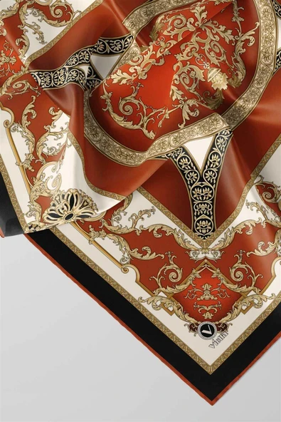 Twill Barok Desenli Taba Renkli 90x90 Eşarp (İpek İçermez) Kenar Dikiş Şekli El Dikişli ürün görseli