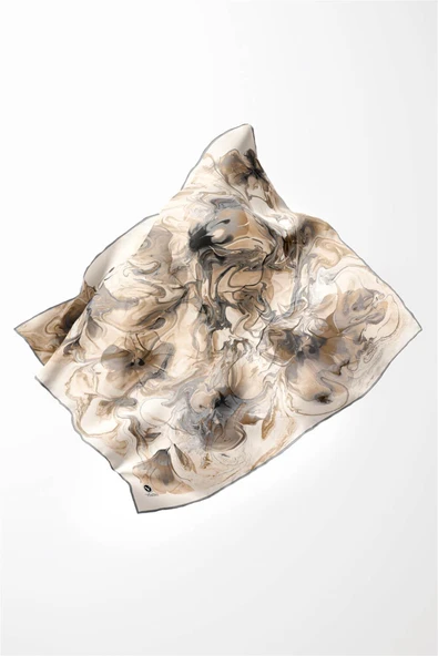 Twill Soyut Desenli Gri Renkli 90x90 Eşarp (İpek İçermez) Kenar Dikiş Şekli El Dikişli - Resim 3