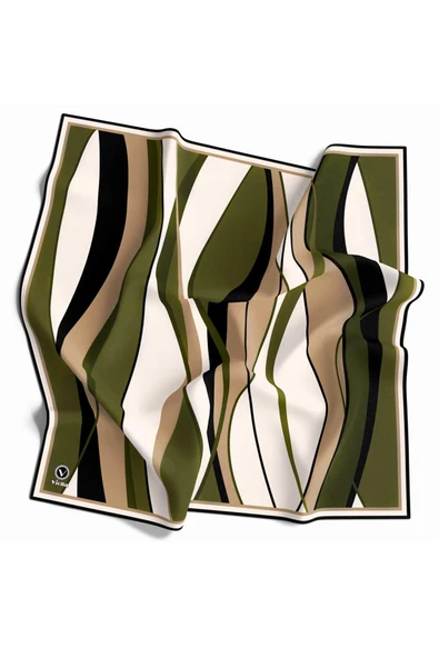 Rayon Modern Dalgalı Çizgi Desenli Haki Renkli 90x90 Dikim Şekli : El Dikişi Eşarp (İpek İçermez) - Resim 2