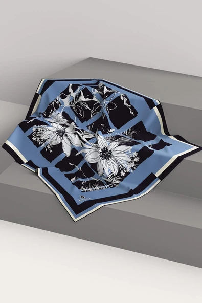 %100 Twill İpek Çiçekli ve Geometrik Desenli İndigo - Siyah Renkli 90x90 Eşarp Dikim Şekli : El Dikişi - Resim 6