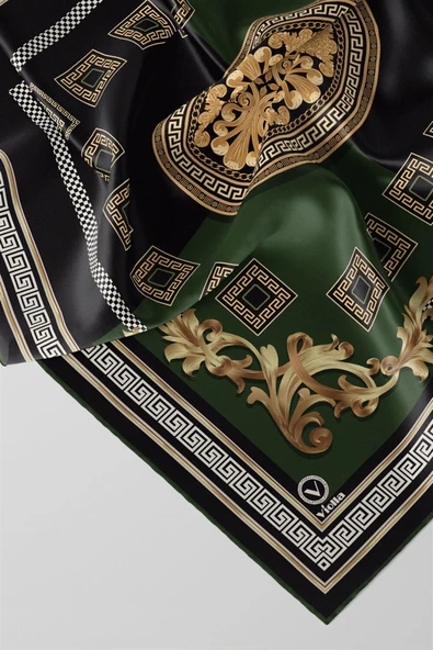 Twill Barok Desenli Zümrüt Yeşili Renkli 90x90 Eşarp (İpek İçermez) Kenar Dikiş Şekli El Dikişli - Resim 2