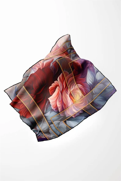 Twill Gül Desenli Kırmızı - Bebe Mavisi Renkli 90x90 Eşarp (İpek İçermez) Kenar Dikiş Şekli El Dikişli - Resim 3