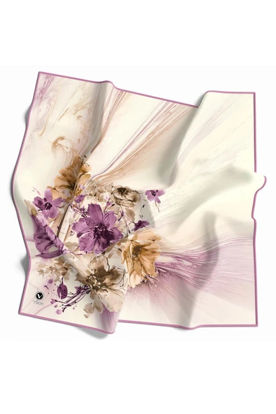 Twill Çiçek Desenli Lila Renkli 90x90 Eşarp (İpek İçermez) Kenar Dikiş Şekli El Dikişli ürün görseli