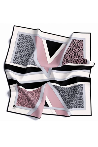 Twill Geometrik Barok Desenli Pudra - Gri Renkli 90x90 Eşarp (İpek İçermez) Kenar Dikiş Şekli El Dikişli ürün görseli