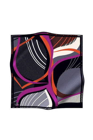 %100 Twill İpek Çizgili Geometrik Desenli Siyah - Gri Renkli 90x90 Eşarp Dikim Şekli : El Dikişi - Resim 2