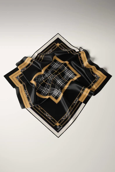 %100 Twill İpek Ekose Desenli Gold Renkli 90x90 Eşarp Dikim Şekli : El Dikişi - Resim 2