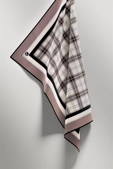 Twill Ekose Desenli Bej Renkli 90x90 Eşarp (İpek İçermez) Kenar Dikiş Şekli El Dikişli - Resim 4