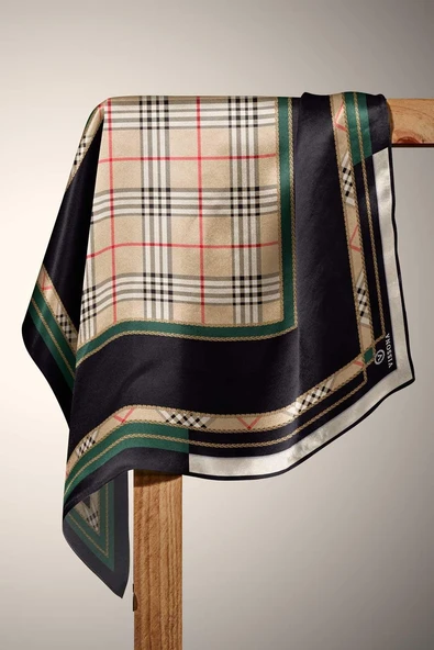 %100 Twill İpek Ekose Desenli Zümrüt Yeşili Renkli 90x90 Eşarp Dikim Şekli : El Dikişi - Resim 6