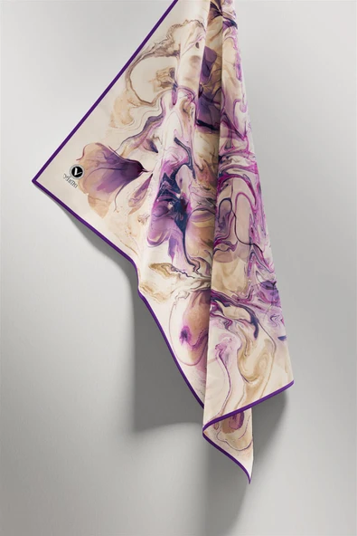 Twill Soyut Desenli Mor Renkli 90x90 Eşarp (İpek İçermez) Kenar Dikiş Şekli El Dikişli - Resim 4