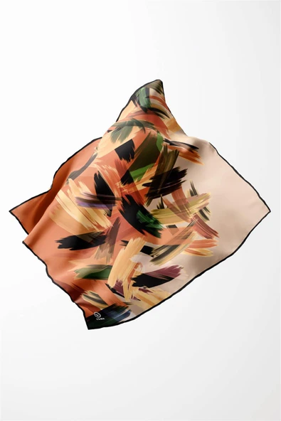 Twill Fırça Desenli Bakır Renkli 90x90 Eşarp (İpek İçermez) Kenar Dikiş Şekli El Dikişli - Resim 4