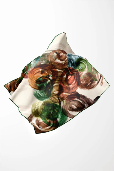 Twill Fırça Efektli Desenli Zümrüt Yeşili Renkli 90x90 Eşarp (İpek İçermez) Kenar Dikiş Şekli El Dikişli - Resim 4