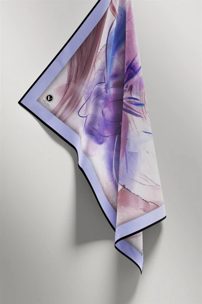 Twill Çiçek Tablo Desenli Lila Renkli 90x90 Eşarp (İpek İçermez) Kenar Dikiş Şekli El Dikişli - Resim 4