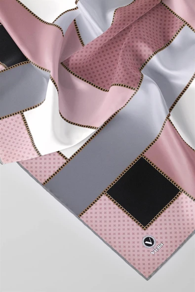 Twill Geometrik Desenli Bakır - Bej Renkli 90x90 Eşarp (İpek İçermez) Kenar Dikiş Şekli El Dikişli - Resim 3