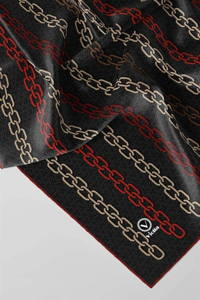 Twill Zincir Desenli Siyah - Bordo Renkli 90x90 Eşarp (İpek İçermez) Kenar Dikiş Şekli El Dikişli - Resim 2