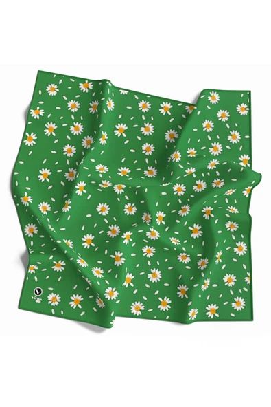 Twill Papatya Desenli Benetton Yeşili Renkli 90x90 Eşarp (İpek İçermez) Kenar Dikiş Şekli El Dikişli ürün görseli