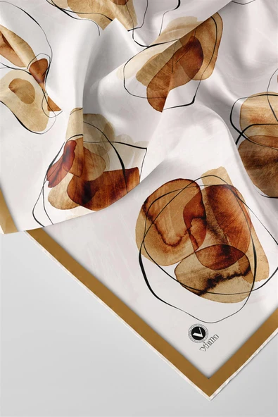 Twill Sulu Boya Geometrik Desenli Hardal Renkli 90x90 Eşarp (İpek İçermez) Kenar Dikiş Şekli El Dikişli - Resim 2