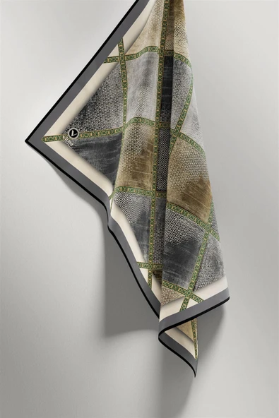 Twill Geometrik Desenli Gri Renkli 90x90 Eşarp (İpek İçermez) Kenar Dikiş Şekli El Dikişli - Resim 4