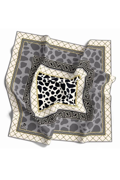 Twill Taş Desenli Gri Renkli 90x90 Eşarp (İpek İçermez) Kenar Dikiş Şekli El Dikişli ürün görseli