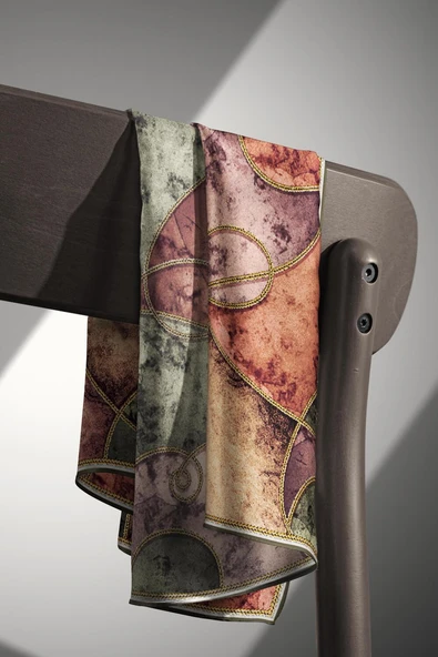 % 57 İPEK % 43 VİSKON Twill İpek Zincirli Mermer Desenli Haki - Bakır Renkli 90x90 Eşarp Dikim Şekli : El Dikişi - Resim 5