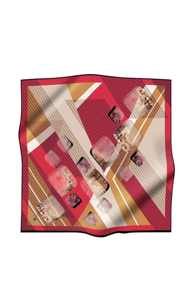 %100 Twill İpek Geometrik Desenli Bordo Renkli 90x90 Eşarp Dikim Şekli : El Dikişi - Resim 2