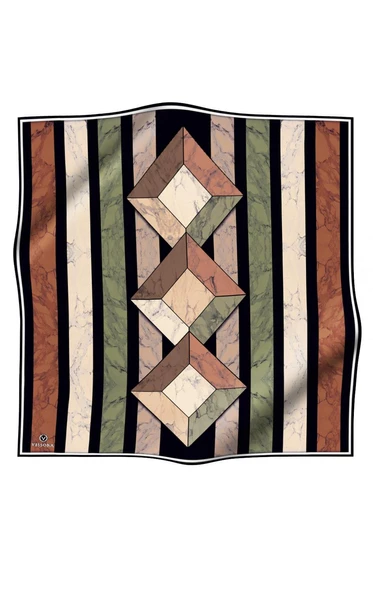 %100 Twill İpek Geometrik Mermer Desenli Haki - Bakır Renkli 90x90 Eşarp Dikim Şekli : El Dikişi - Resim 2