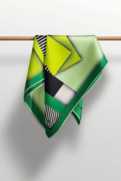 %100 Twill Renk Bloklu Çizgili Desenli Haki Yeşili - Zümrüt Yeşili Renkli 90x90 Eşarp Dikim Şekli: El Dikişii - Resim 4