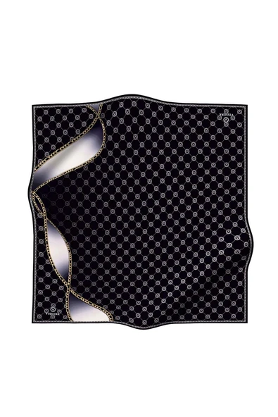 %100 Twill İpek Zincirli Ve Monogram Desenli Siyah - Krem Renkli 90x90 Eşarp Dikim Şekli : El Dikişi - Resim 2