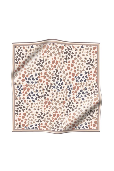 %100 Twill İpek Kalpli Leopar Desenli Bej - Taş Renkli 90x90 Eşarp Dikim Şekli : El Dikişi - Resim 2
