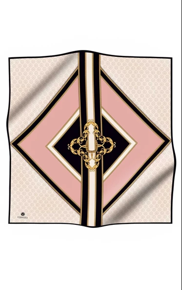 %100 Twill İpek Monogram ve Barok Desenli Pudra - Krem Renkli 90x90 Eşarp Dikim Şekli : El Dikişi - Resim 2