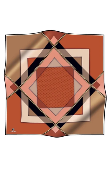 %100 Twill İpek Geometrik Desenli Bej - Taba Renkli 90x90 Eşarp Dikim Şekli : El Dikişi - Resim 2