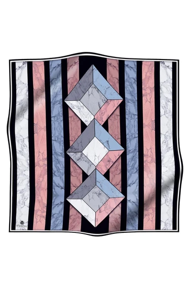 %100 Twill İpek Geometrik Mermer Desenli Pudra - Siyah Renkli 90x90 Eşarp Dikim Şekli : El Dikişi - Resim 2