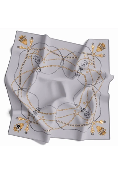 Kristal Geometrik Desenli Gri Renkli 90x90 Eşarp (İpek İçermez) Kenar Dikiş Şekli El Dikişli - Resim 2