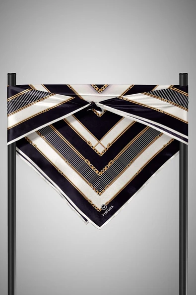 %100 Twill İpek Zincir Detaylı Geometrik Desenli Siyah - Krem Renkli 90x90 Eşarp Dikim Şekli : El Dikişi - Resim 6