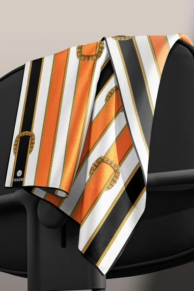 %100 Twill İpek Kemer Desenli Siyah - Turuncu Renkli 90x90 Eşarp Dikim Şekli : El Dikişi - Resim 4