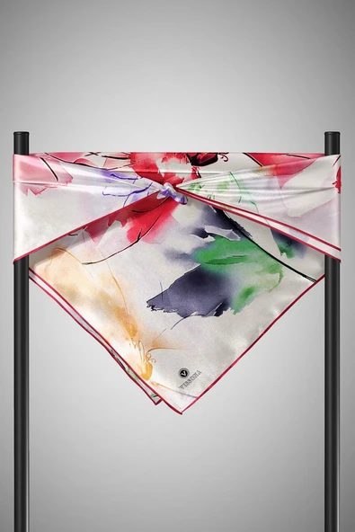 %100 Twill İpek Sulu Boya Çiçek Desenli Kırmızı - Fuşya Renkli 90x90 Eşarp Dikim Şekli : El Dikişi - Resim 3