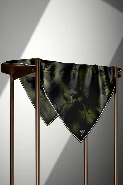 % 57 İPEK % 43 VİSKON Twill İpek Çiçek Desenli Haki Renkli 90x90 Dikim Şekli : El Dikişi Eşarp - Resim 4