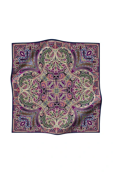 100% Twill İpek Etnik Desenli Lacivert - Haki Renkli 90x90 Dikim Şekli : El Dikişi Eşarp - Resim 2