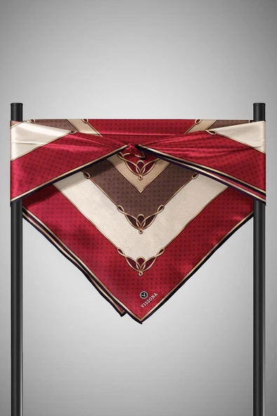 %100 Twill İpek Puantiyeli ve Geometrik Desenli Bordo - Vizon Renkli 90x90 Eşarp Dikim Şekli : El Dikişi - Resim 4