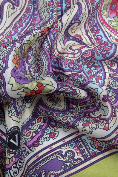 %100 İpek Etro Desenli Fıstık Yeşili Renkli 92x210 Şal - Resim 3